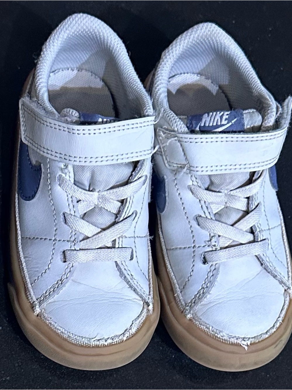 Nike Kids White Sneakers with Navy Swoosh and Gum Sole